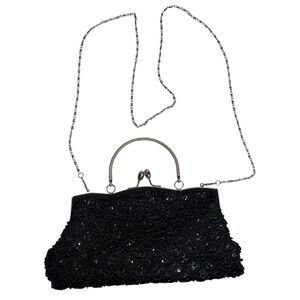 VTG MG Collection Black Beaded Silver Chain Kisslock Evening Clutch Bag Purse